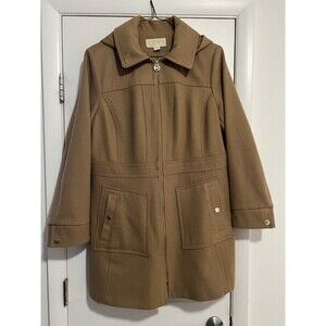 Michael Kors Coat Women's XL Hooded Overcoat Camel Tan Wool Blend Full Zip
